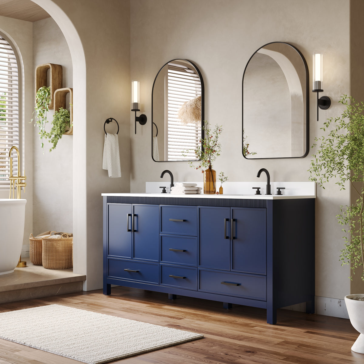 72 Inch Freestanding Solid Wood Bathroom Vanity with Pure White Quartz Countertop, 4 Soft-Close Doors & 5 Dovetail Drawers, Navy Blue