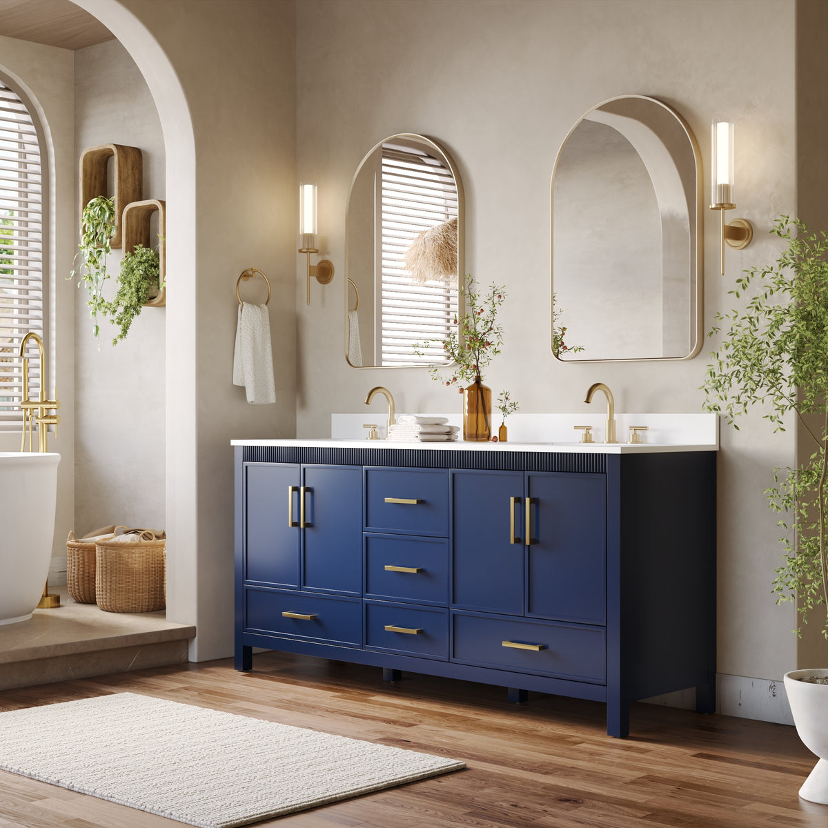 72 Inch Freestanding Solid Wood Bathroom Vanity with Pure White Quartz Countertop, 4 Soft-Close Doors & 5 Dovetail Drawers, Navy Blue