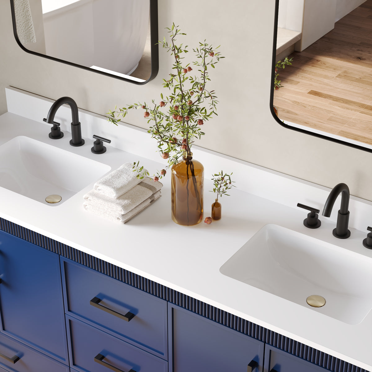 72 Inch Freestanding Solid Wood Bathroom Vanity with Pure White Quartz Countertop, 4 Soft-Close Doors & 5 Dovetail Drawers, Navy Blue