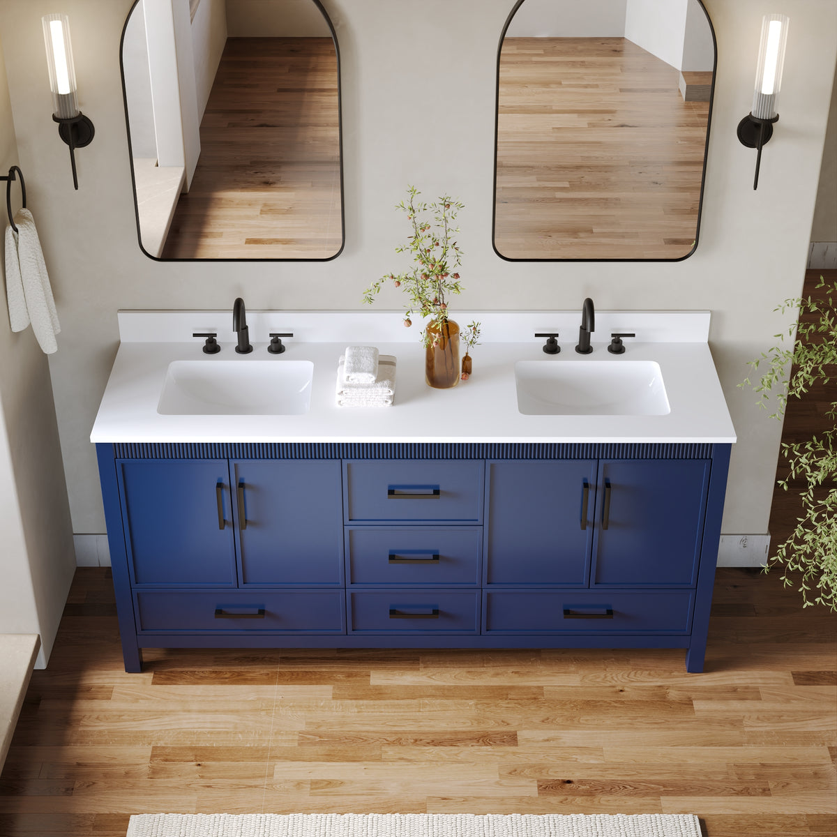 72 Inch Freestanding Solid Wood Bathroom Vanity with Pure White Quartz Countertop, 4 Soft-Close Doors & 5 Dovetail Drawers, Navy Blue