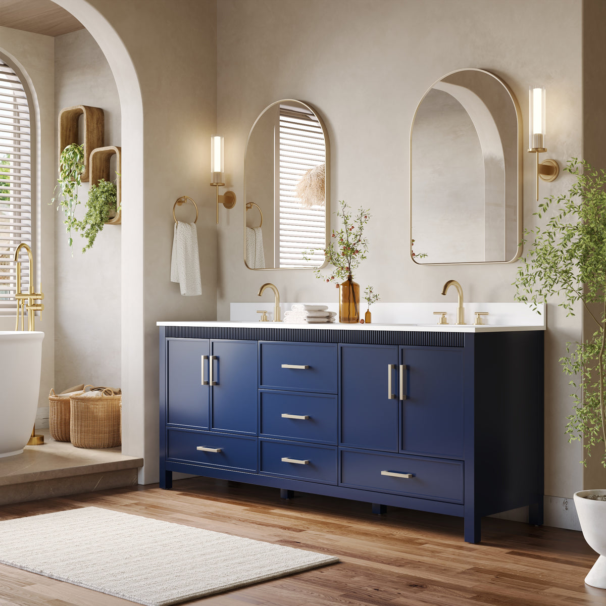 80 Inch Freestanding Solid Wood Bathroom Vanity with Pure White Quartz Countertop, 4 Soft-Close Doors & 5 Dovetail Drawers, Navy Blue