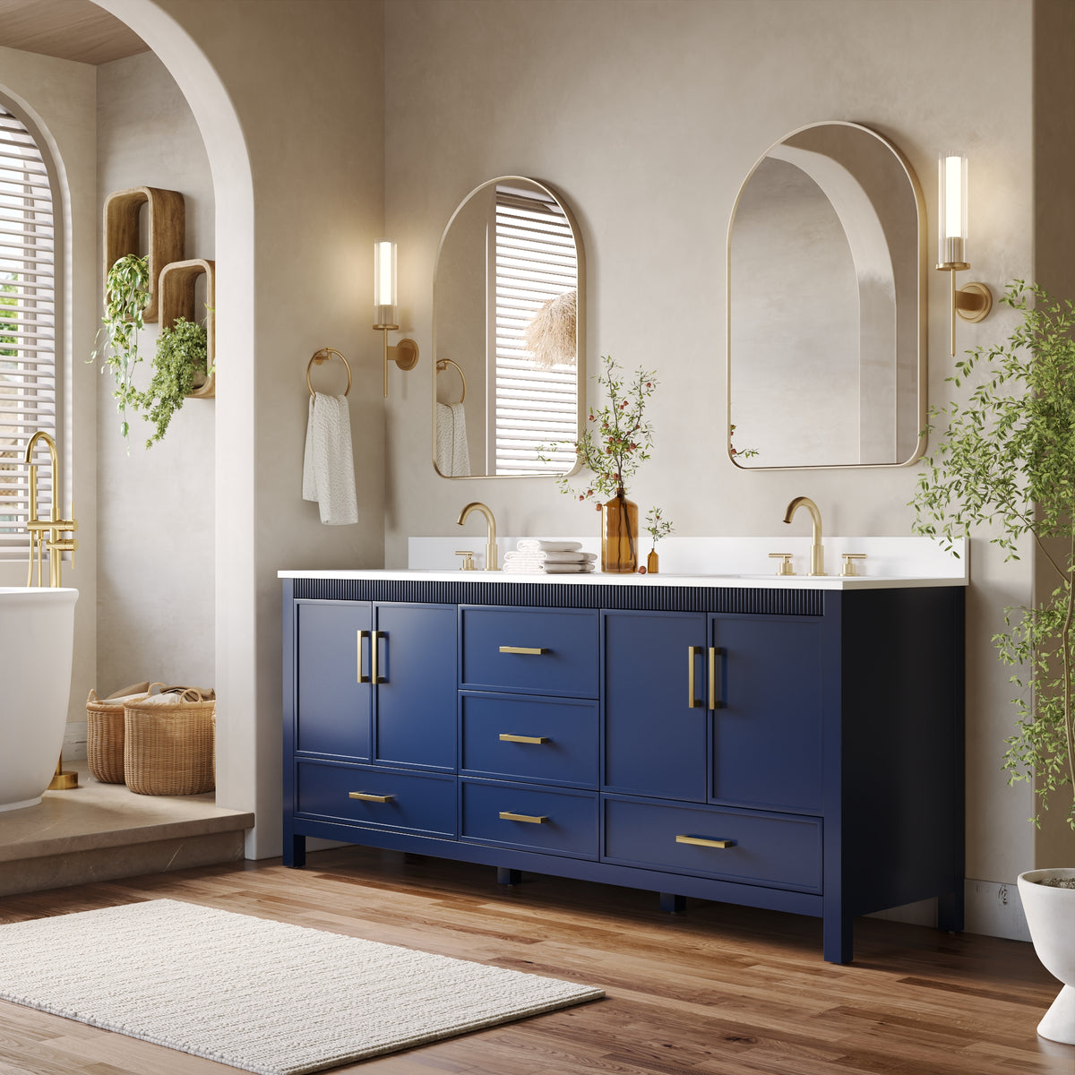 80 Inch Freestanding Solid Wood Bathroom Vanity with Pure White Quartz Countertop, 4 Soft-Close Doors & 5 Dovetail Drawers, Navy Blue
