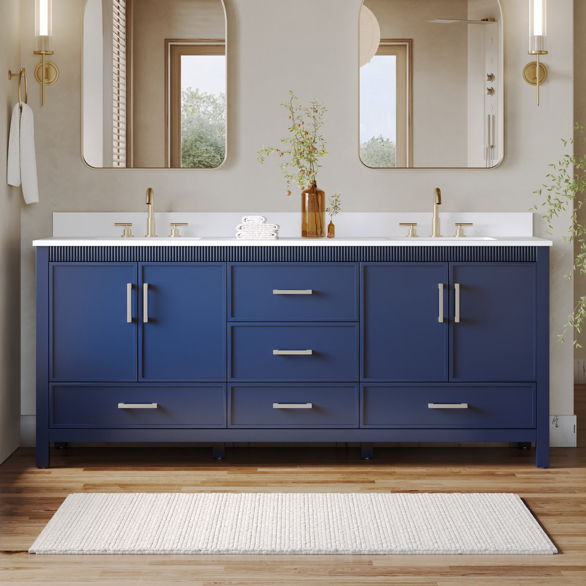 80 Inch Freestanding Solid Wood Bathroom Vanity with Pure White Quartz Countertop, 4 Soft-Close Doors & 5 Dovetail Drawers, Navy Blue