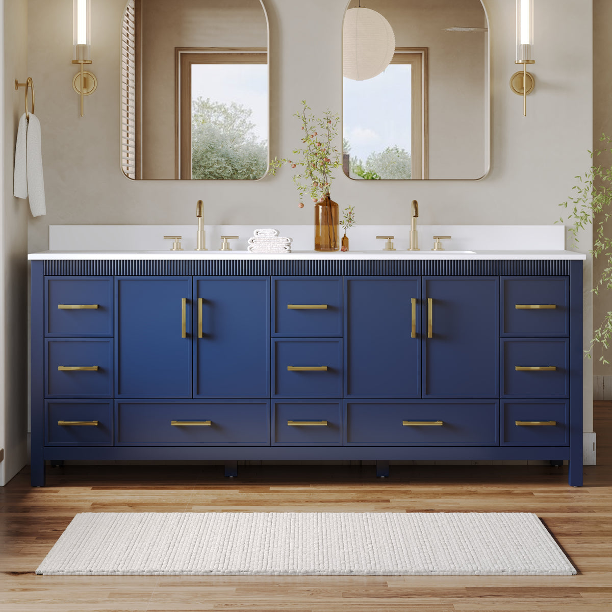 84 Inch Freestanding Solid Wood Bathroom Vanity with Pure White Quartz Countertop, 4 Soft-Close Doors & 11 Dovetail Drawers, Navy Blue