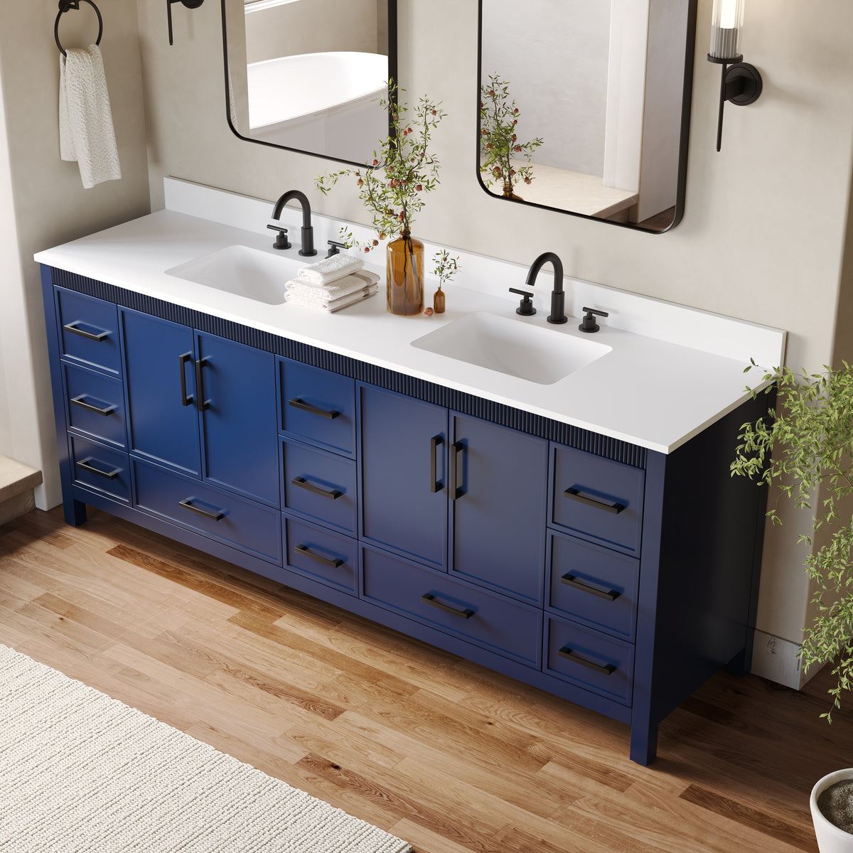 84 Inch Freestanding Solid Wood Bathroom Vanity with Pure White Quartz Countertop, 4 Soft-Close Doors & 11 Dovetail Drawers, Navy Blue