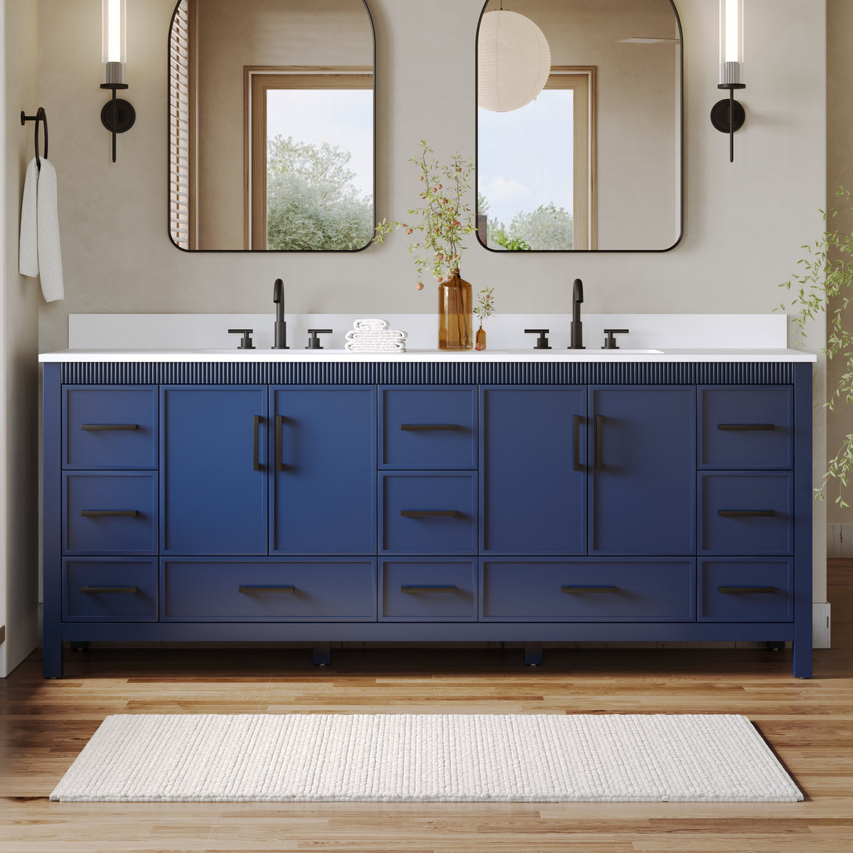 84 Inch Freestanding Solid Wood Bathroom Vanity with Pure White Quartz Countertop, 4 Soft-Close Doors & 11 Dovetail Drawers, Navy Blue