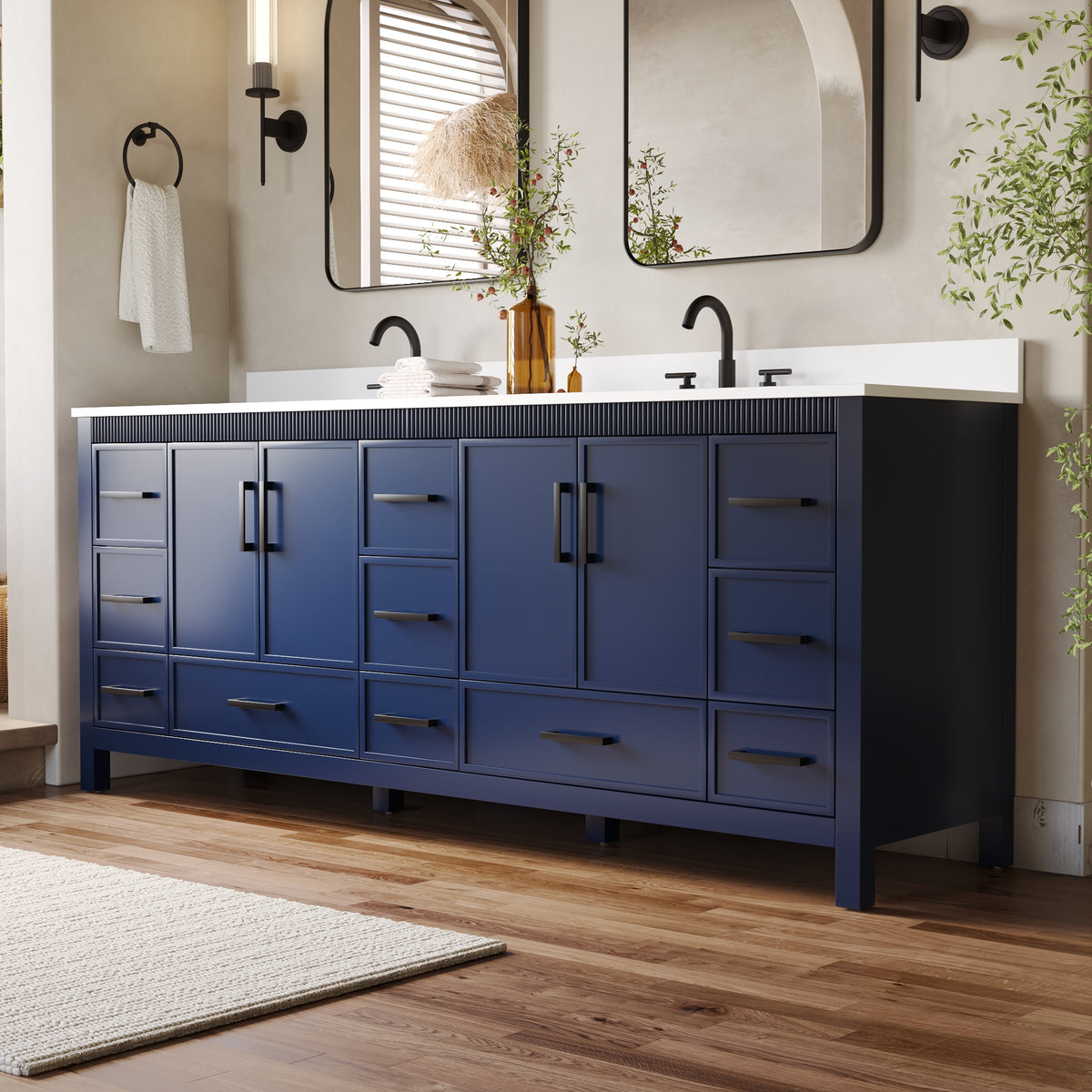84 Inch Freestanding Solid Wood Bathroom Vanity with Pure White Quartz Countertop, 4 Soft-Close Doors & 11 Dovetail Drawers, Navy Blue