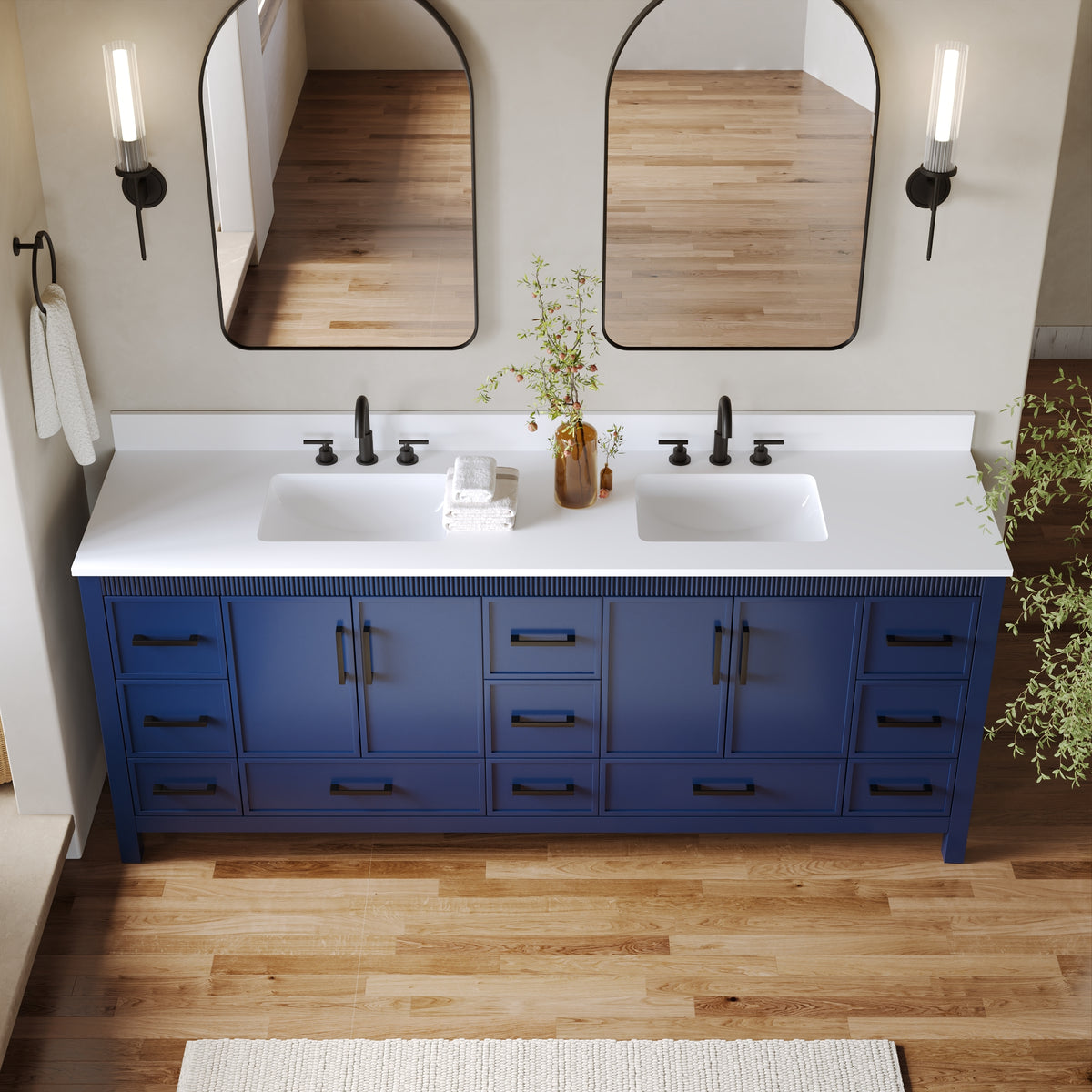 84 Inch Freestanding Solid Wood Bathroom Vanity with Pure White Quartz Countertop, 4 Soft-Close Doors & 11 Dovetail Drawers, Navy Blue