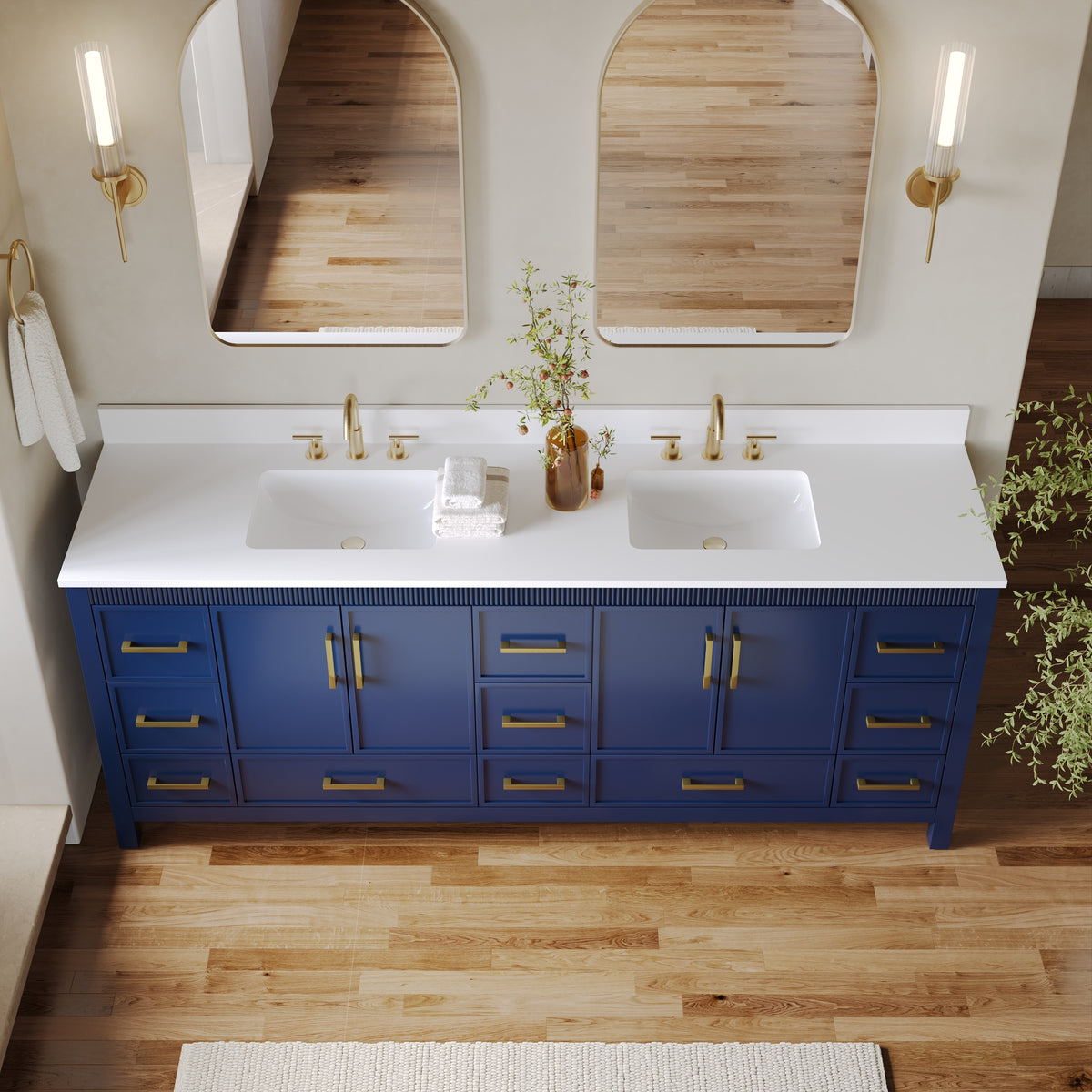 84 Inch Freestanding Solid Wood Bathroom Vanity with Pure White Quartz Countertop, 4 Soft-Close Doors & 11 Dovetail Drawers, Navy Blue
