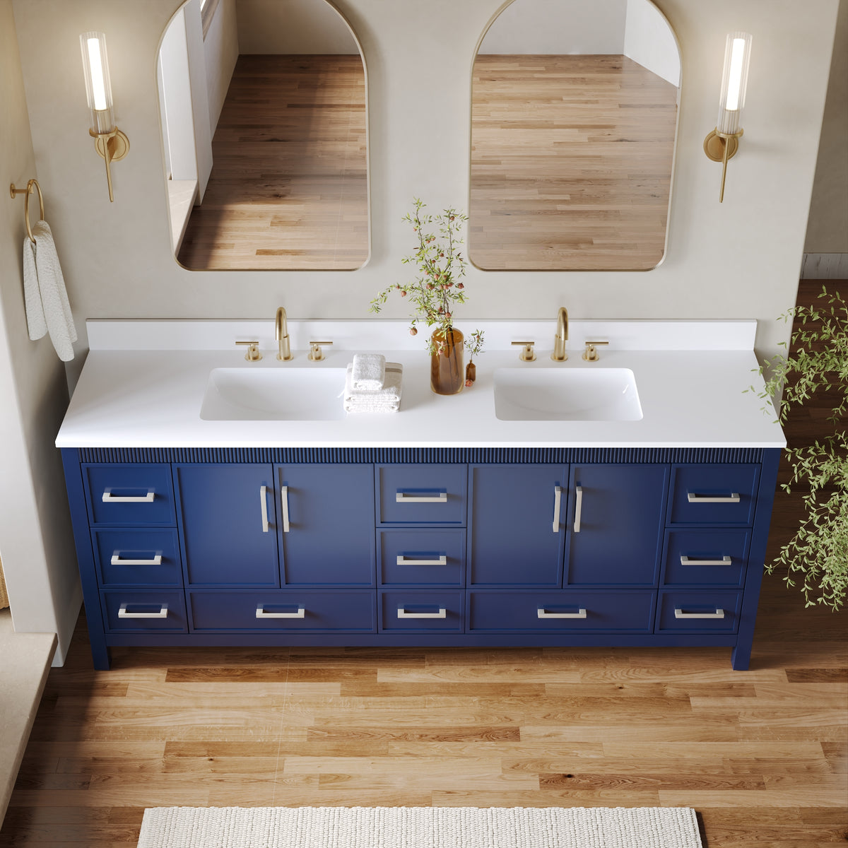 84 Inch Freestanding Solid Wood Bathroom Vanity with Pure White Quartz Countertop, 4 Soft-Close Doors & 11 Dovetail Drawers, Navy Blue