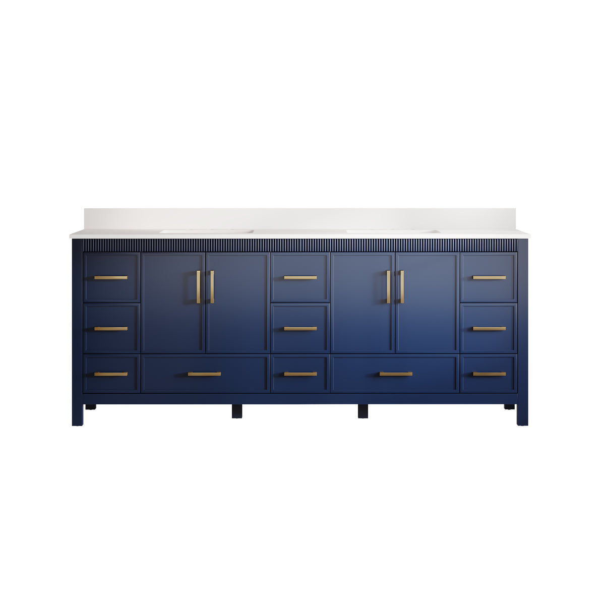 84 Inch Freestanding Solid Wood Bathroom Vanity with Pure White Quartz Countertop, 4 Soft-Close Doors & 11 Dovetail Drawers, Navy Blue