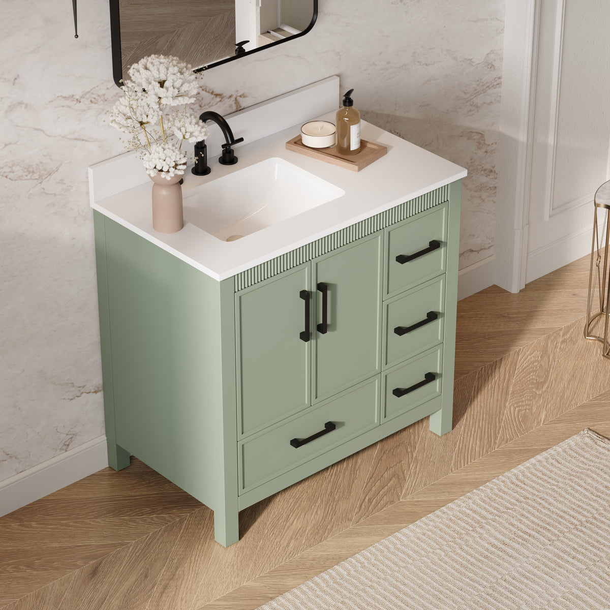 36 Inch Freestanding Solid Wood Bathroom Vanity with Fluted Molding, Pure White Quartz Countertop, SAGE GREEN