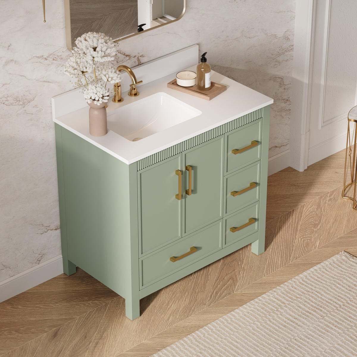 36 Inch Freestanding Solid Wood Bathroom Vanity with Fluted Molding, Pure White Quartz Countertop, SAGE GREEN
