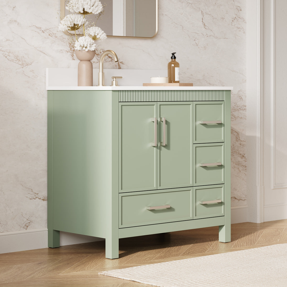36 Inch Freestanding Solid Wood Bathroom Vanity with Fluted Molding, Pure White Quartz Countertop, SAGE GREEN