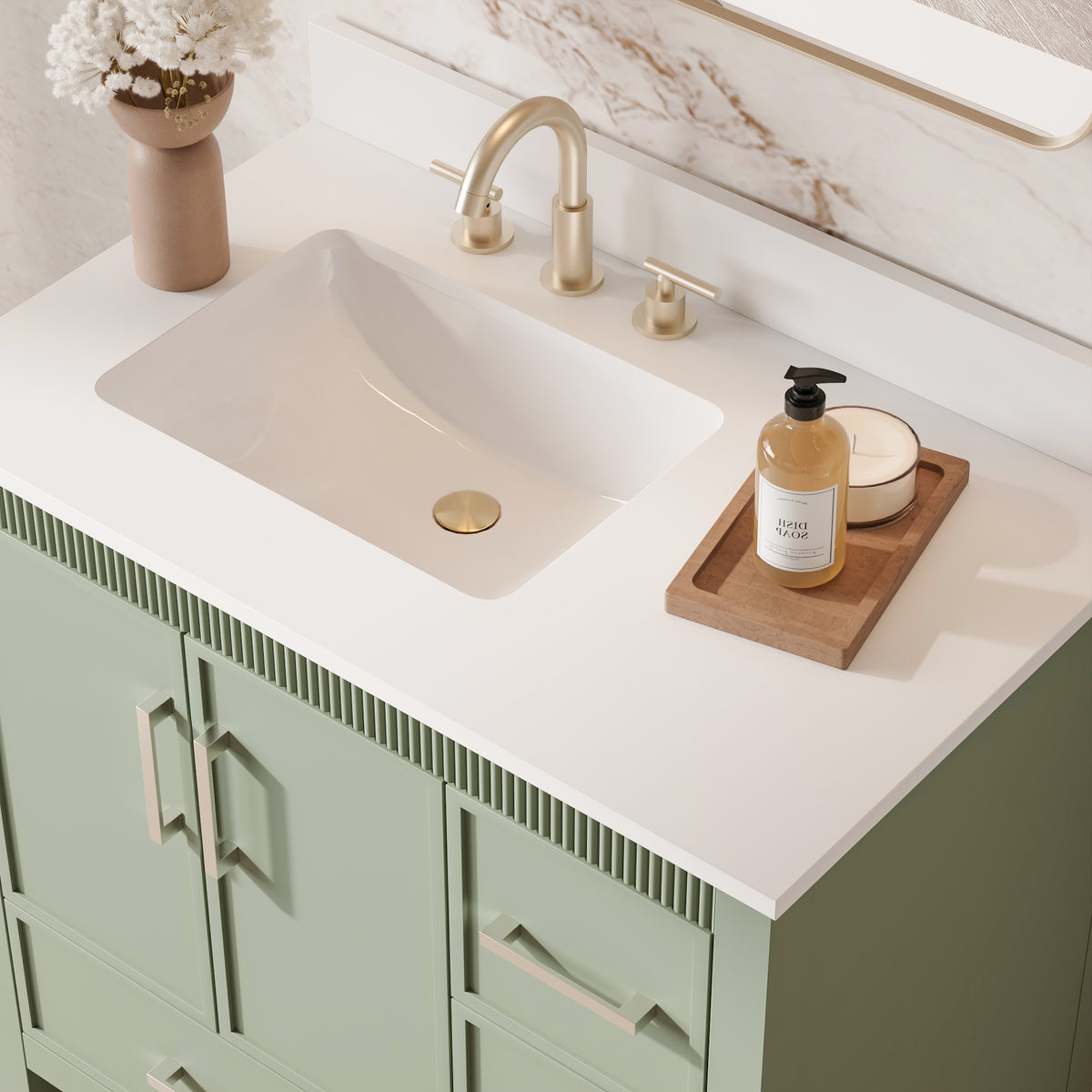 36 Inch Freestanding Solid Wood Bathroom Vanity with Fluted Molding, Pure White Quartz Countertop, SAGE GREEN
