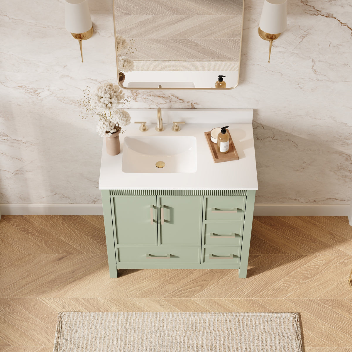 36 Inch Freestanding Solid Wood Bathroom Vanity with Fluted Molding, Pure White Quartz Countertop, SAGE GREEN