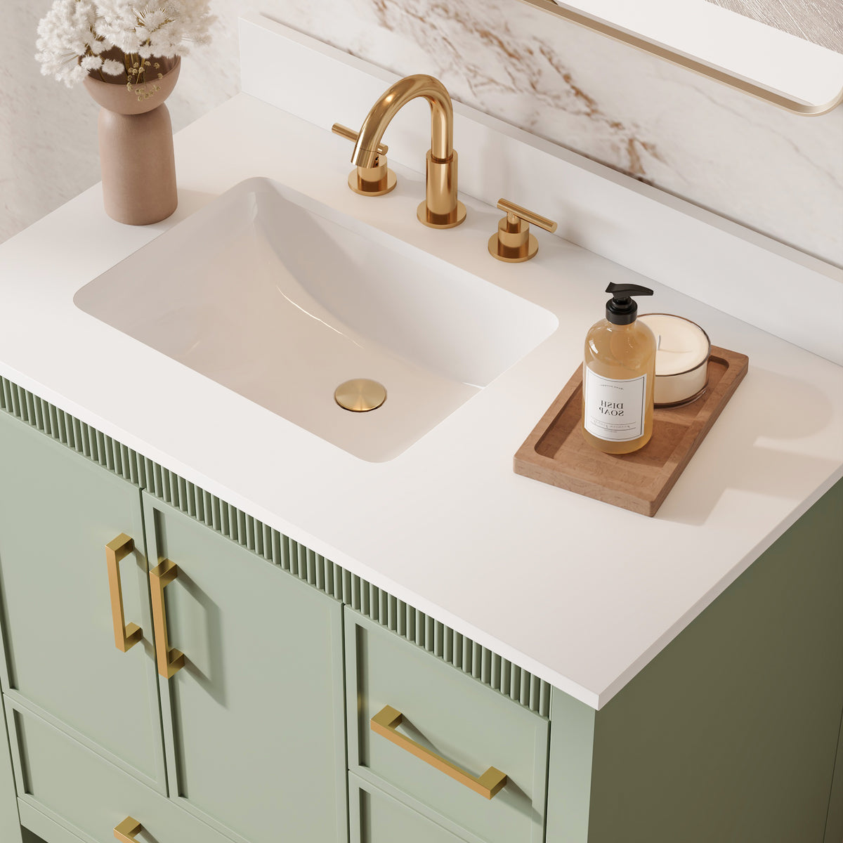 36 Inch Freestanding Solid Wood Bathroom Vanity with Fluted Molding, Pure White Quartz Countertop, SAGE GREEN