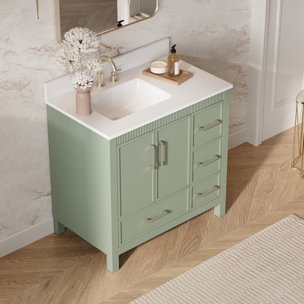 36 Inch Freestanding Solid Wood Bathroom Vanity with Fluted Molding, Pure White Quartz Countertop, SAGE GREEN