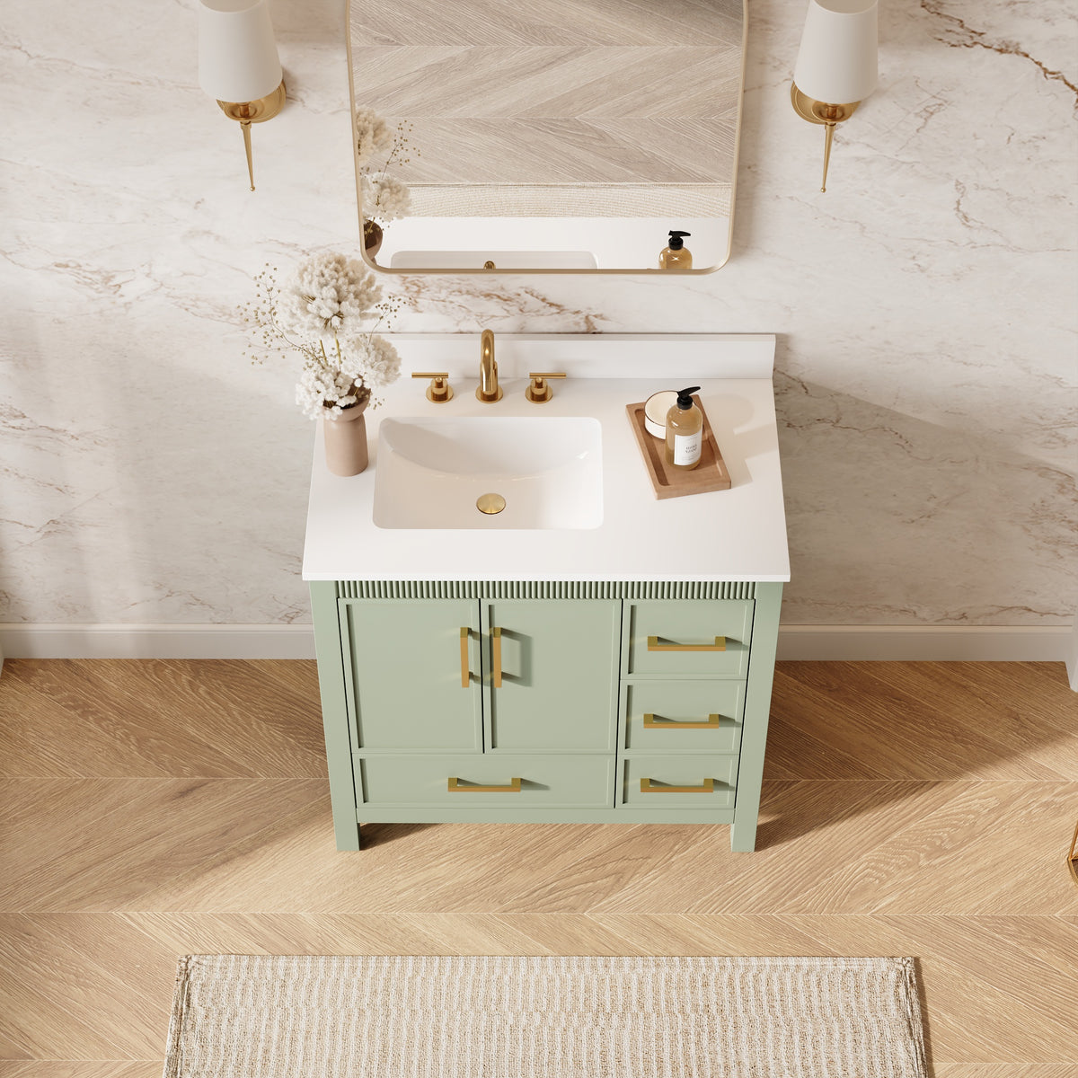 36 Inch Freestanding Solid Wood Bathroom Vanity with Fluted Molding, Pure White Quartz Countertop, SAGE GREEN