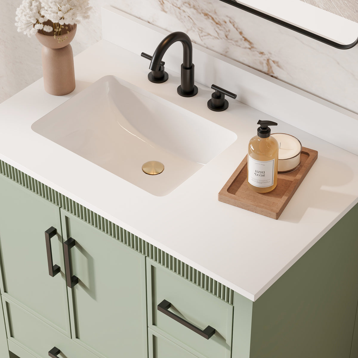 36 Inch Freestanding Solid Wood Bathroom Vanity with Fluted Molding, Pure White Quartz Countertop, SAGE GREEN
