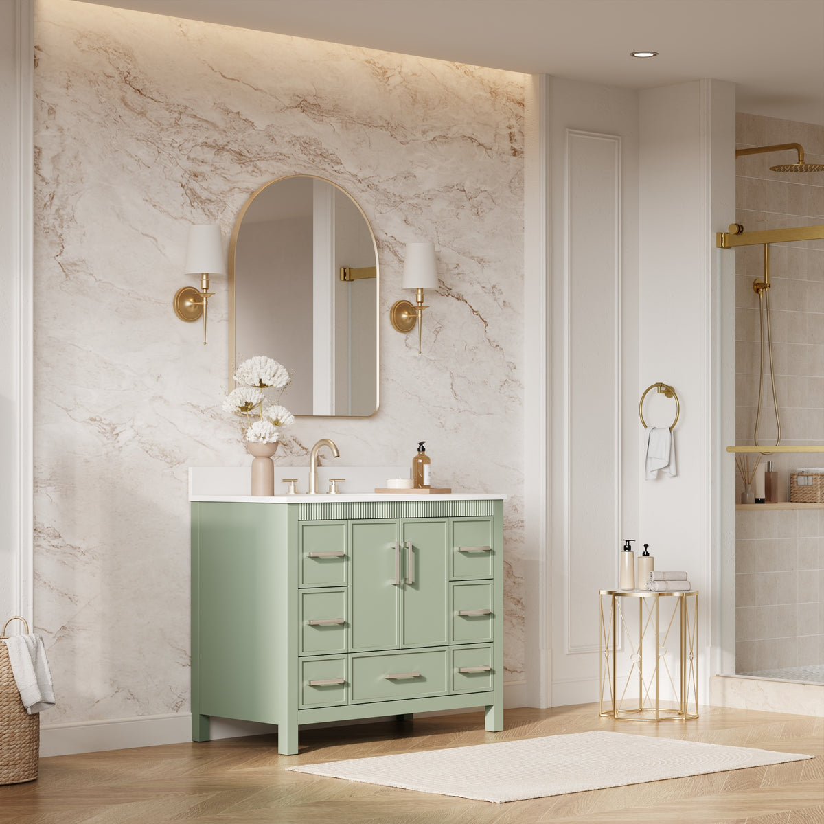 42 Inch Freestanding Solid Wood Bathroom Vanity with Fluted Molding, Pure White Quartz Countertop, SAGE GREEN