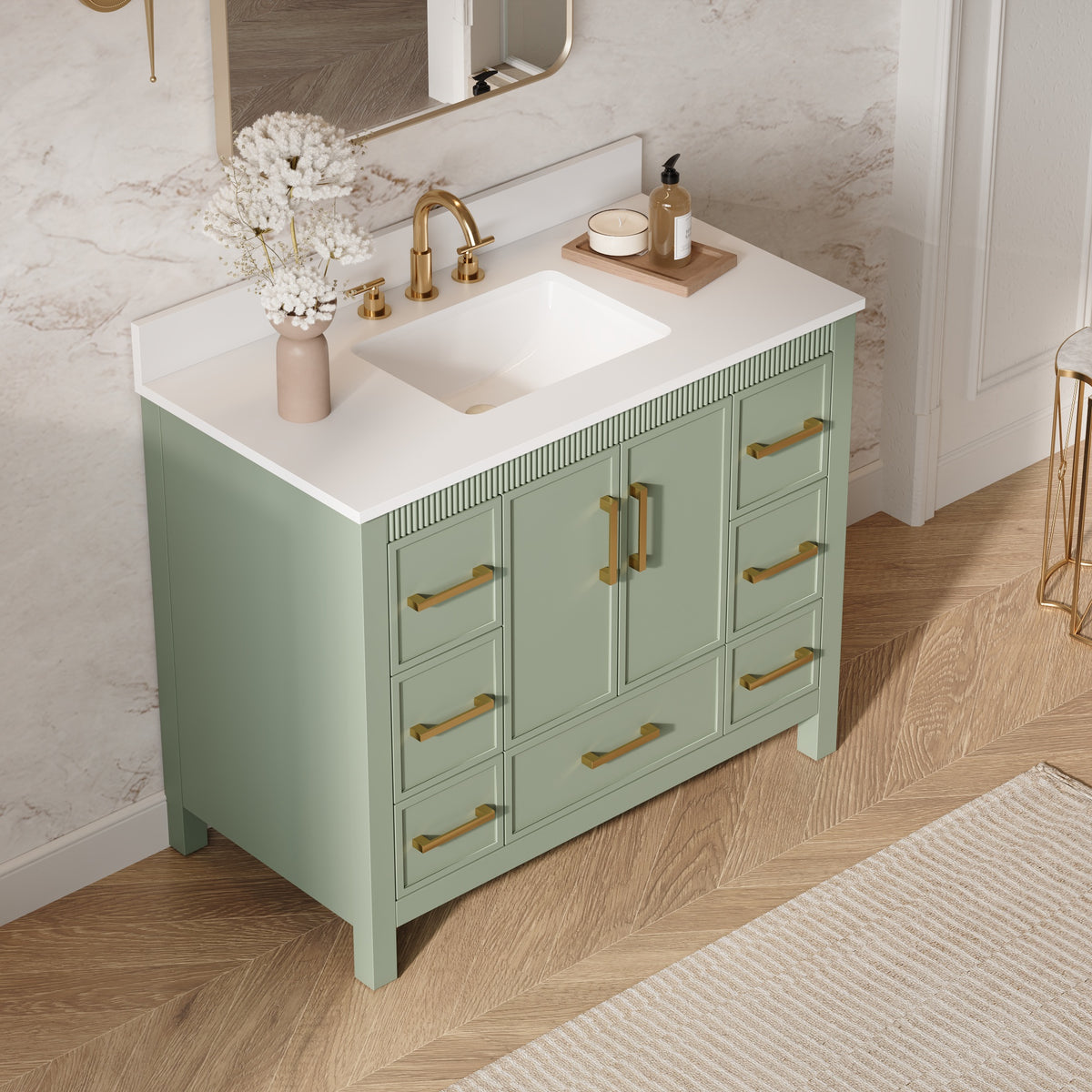 42 Inch Freestanding Solid Wood Bathroom Vanity with Fluted Molding, Pure White Quartz Countertop, SAGE GREEN