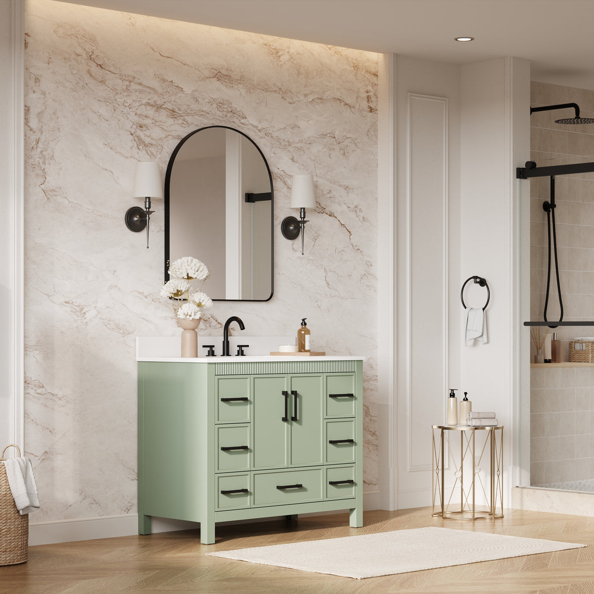 42 Inch Freestanding Solid Wood Bathroom Vanity with Fluted Molding, Pure White Quartz Countertop, SAGE GREEN