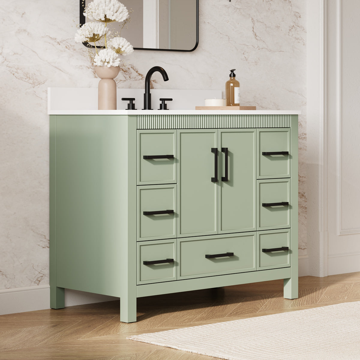 42 Inch Freestanding Solid Wood Bathroom Vanity with Fluted Molding, Pure White Quartz Countertop, SAGE GREEN