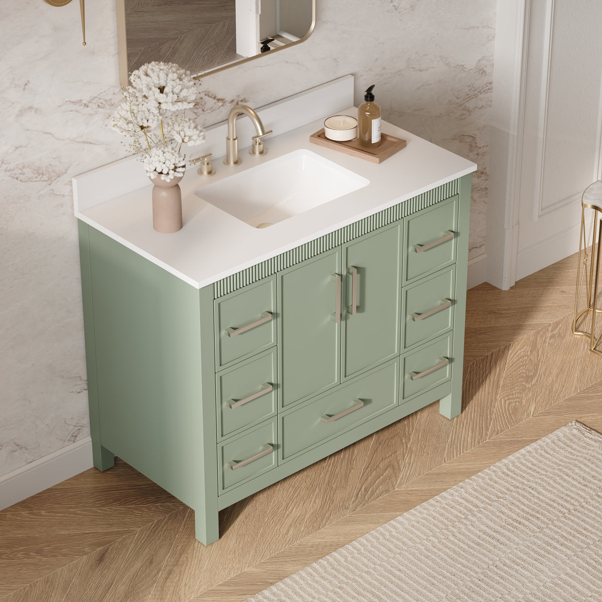 42 Inch Freestanding Solid Wood Bathroom Vanity with Fluted Molding, Pure White Quartz Countertop, SAGE GREEN