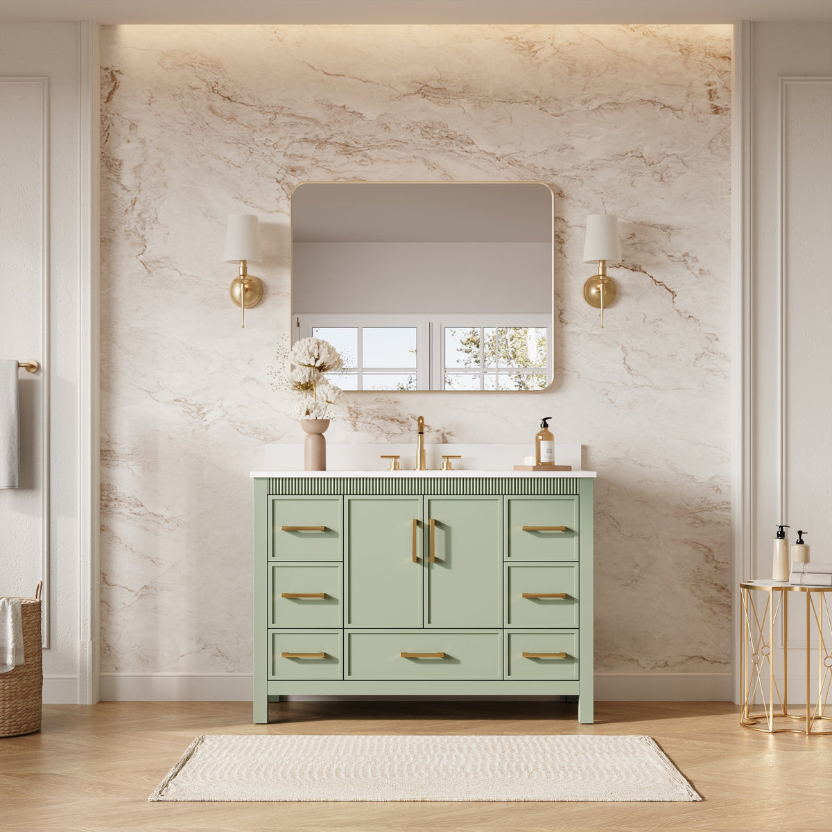 48 Inch Freestanding Solid Wood Bathroom Vanity with Fluted Molding, Pure White Quartz Countertop, SAGE GREEN