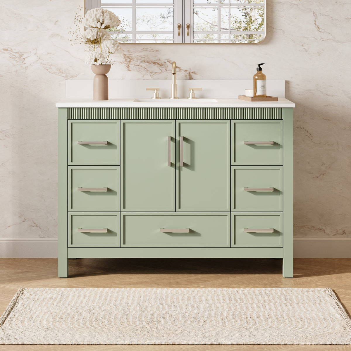 48 Inch Freestanding Solid Wood Bathroom Vanity with Fluted Molding, Pure White Quartz Countertop, SAGE GREEN