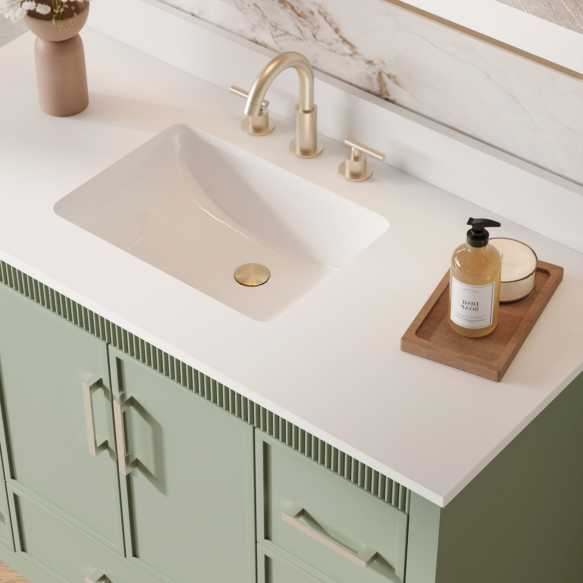 48 Inch Freestanding Solid Wood Bathroom Vanity with Fluted Molding, Pure White Quartz Countertop, SAGE GREEN