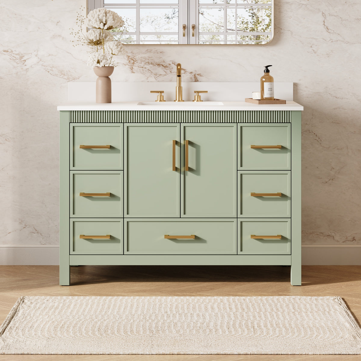 48 Inch Freestanding Solid Wood Bathroom Vanity with Fluted Molding, Pure White Quartz Countertop, SAGE GREEN