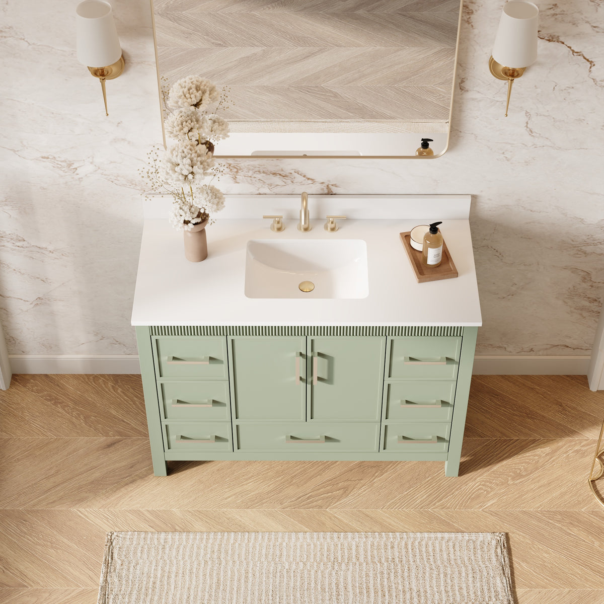 48 Inch Freestanding Solid Wood Bathroom Vanity with Fluted Molding, Pure White Quartz Countertop, SAGE GREEN