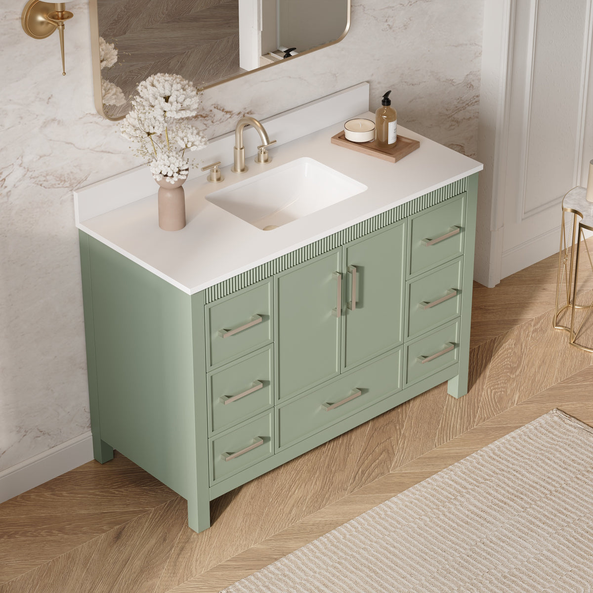 48 Inch Freestanding Solid Wood Bathroom Vanity with Fluted Molding, Pure White Quartz Countertop, SAGE GREEN