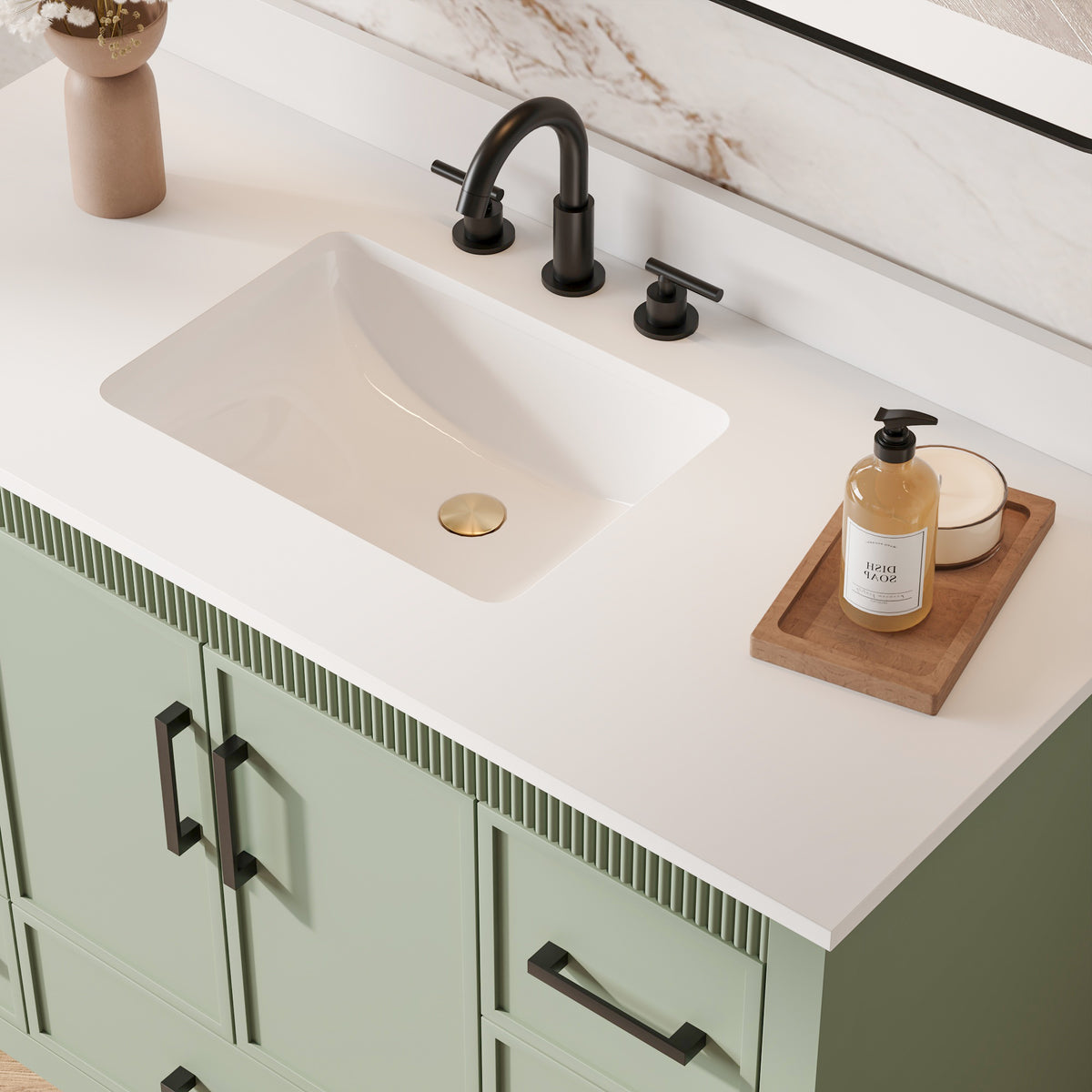 48 Inch Freestanding Solid Wood Bathroom Vanity with Fluted Molding, Pure White Quartz Countertop, SAGE GREEN