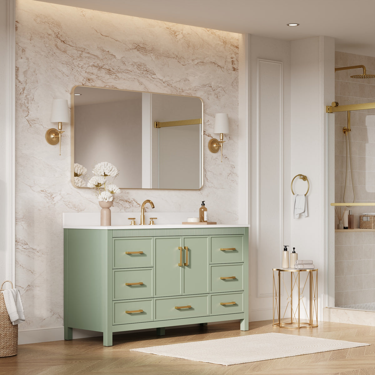 60 Inch Freestanding Solid Wood Bathroom Vanity with Pure White Quartz Countertop, 2 Soft-Close Doors & 7 Dovetail Drawers, SAGE GREEN