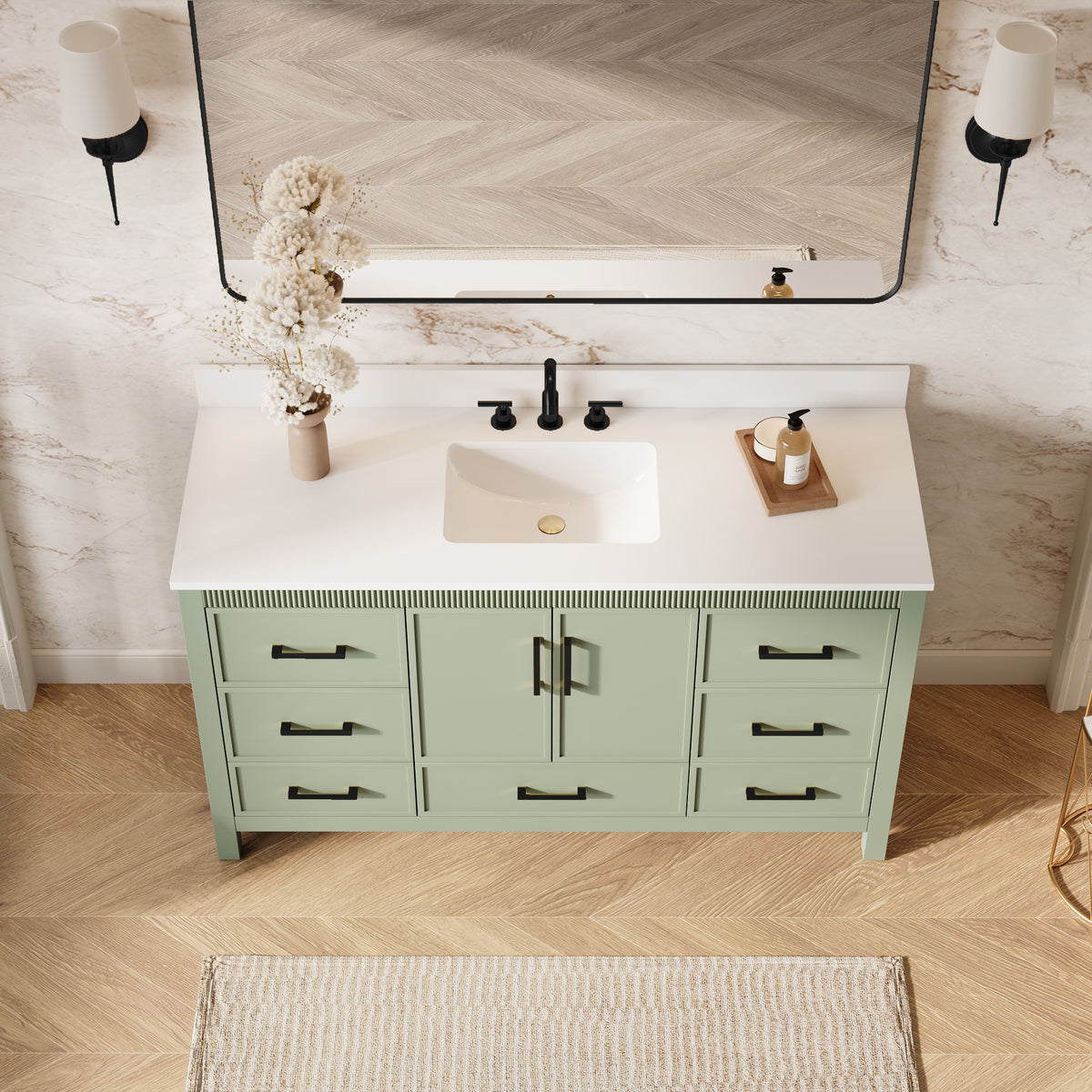 60 Inch Freestanding Solid Wood Bathroom Vanity with Pure White Quartz Countertop, 2 Soft-Close Doors & 7 Dovetail Drawers, SAGE GREEN
