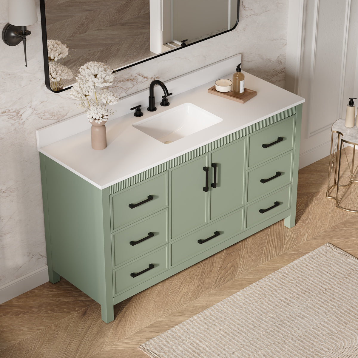 60 Inch Freestanding Solid Wood Bathroom Vanity with Pure White Quartz Countertop, 2 Soft-Close Doors & 7 Dovetail Drawers, SAGE GREEN