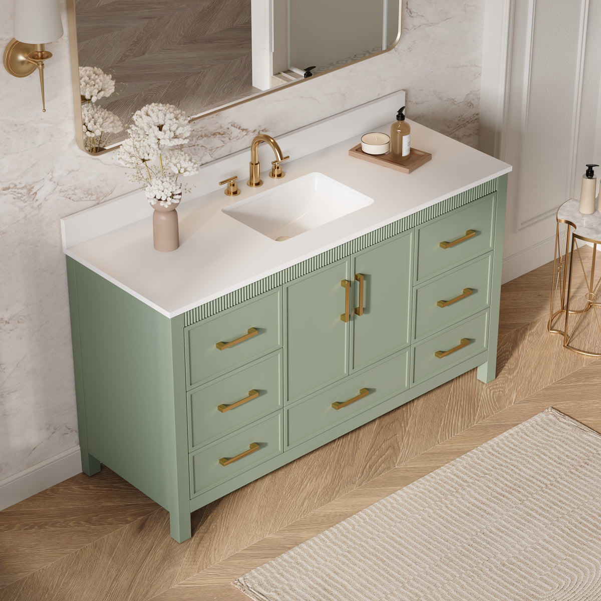 60 Inch Freestanding Solid Wood Bathroom Vanity with Pure White Quartz Countertop, 2 Soft-Close Doors & 7 Dovetail Drawers, SAGE GREEN