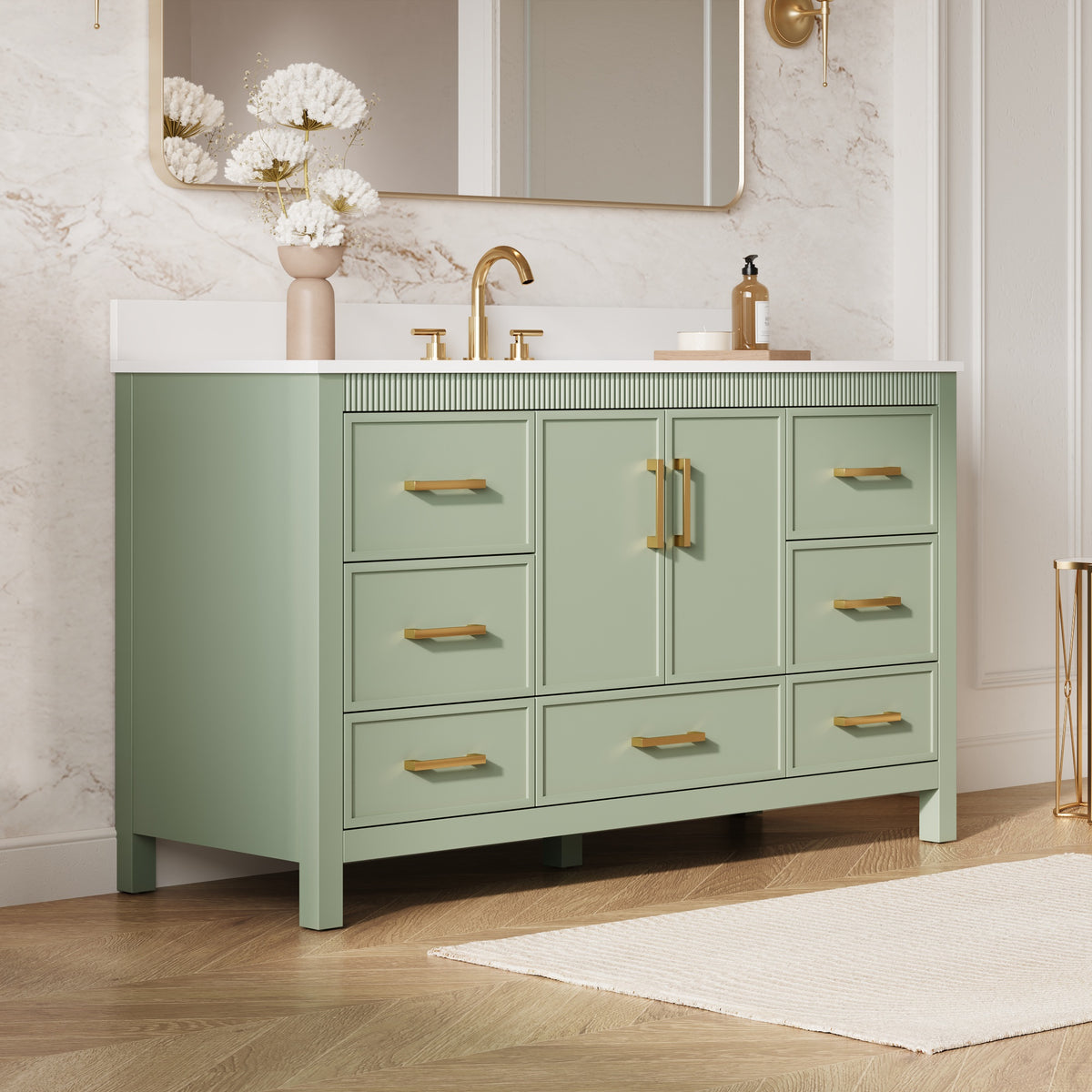 60 Inch Freestanding Solid Wood Bathroom Vanity with Pure White Quartz Countertop, 2 Soft-Close Doors & 7 Dovetail Drawers, SAGE GREEN