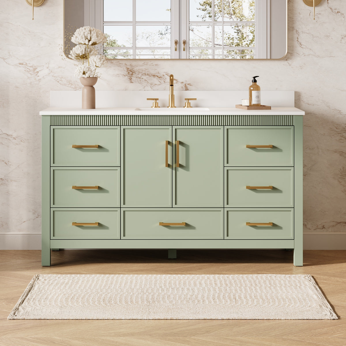 60 Inch Freestanding Solid Wood Bathroom Vanity with Pure White Quartz Countertop, 2 Soft-Close Doors & 7 Dovetail Drawers, SAGE GREEN