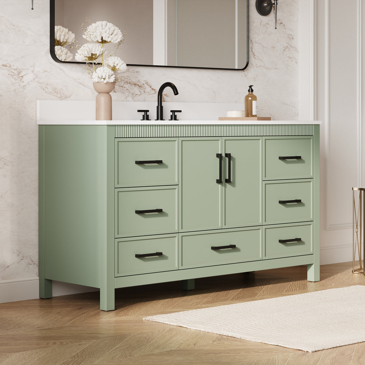 60 Inch Freestanding Solid Wood Bathroom Vanity with Pure White Quartz Countertop, 2 Soft-Close Doors & 7 Dovetail Drawers, SAGE GREEN