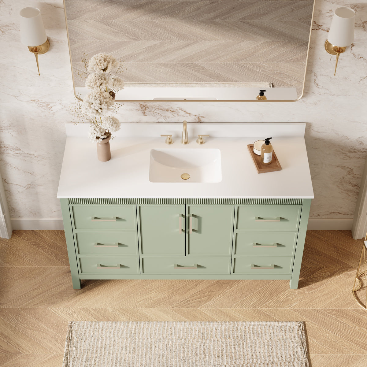 60 Inch Freestanding Solid Wood Bathroom Vanity with Pure White Quartz Countertop, 2 Soft-Close Doors & 7 Dovetail Drawers, SAGE GREEN