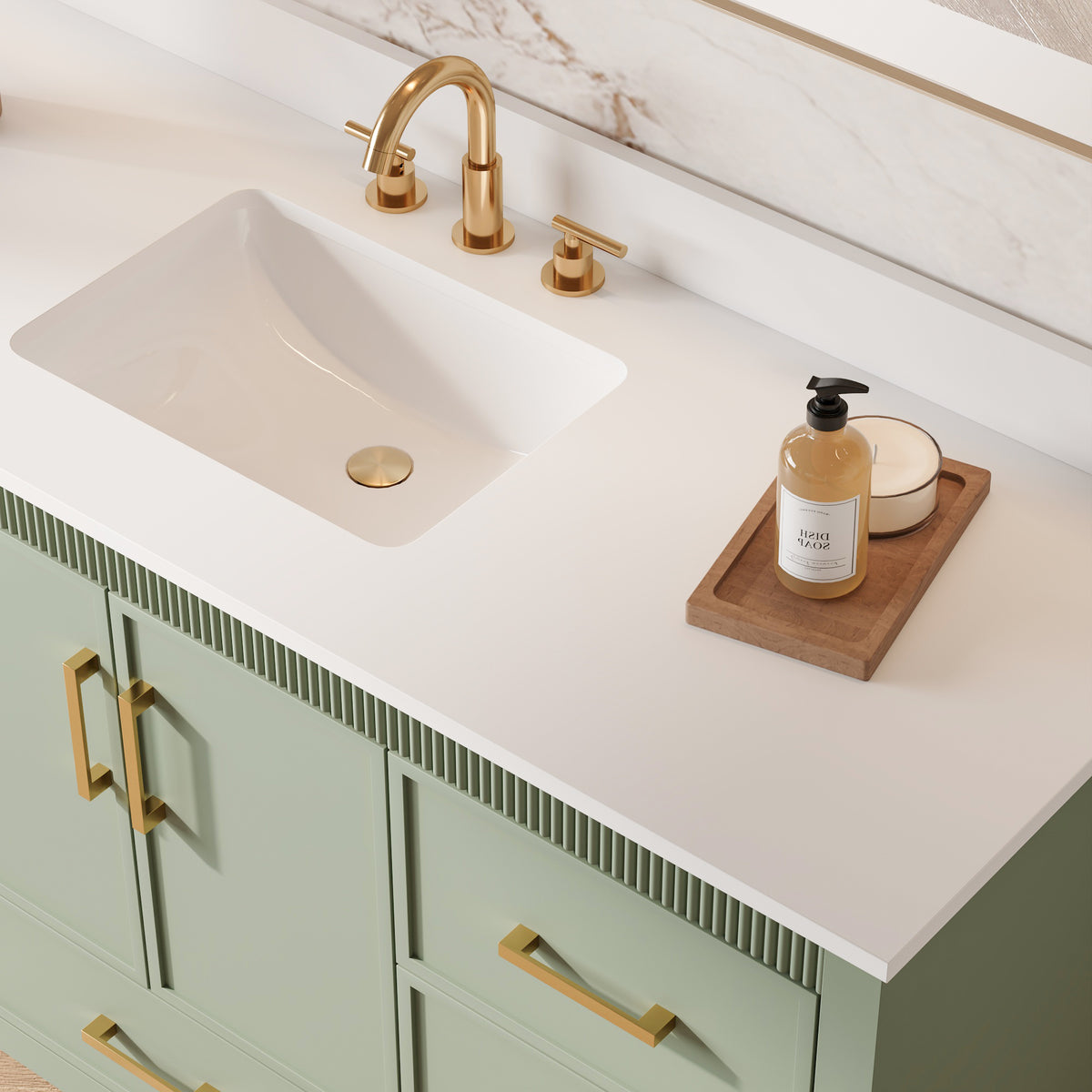 60 Inch Freestanding Solid Wood Bathroom Vanity with Pure White Quartz Countertop, 2 Soft-Close Doors & 7 Dovetail Drawers, SAGE GREEN