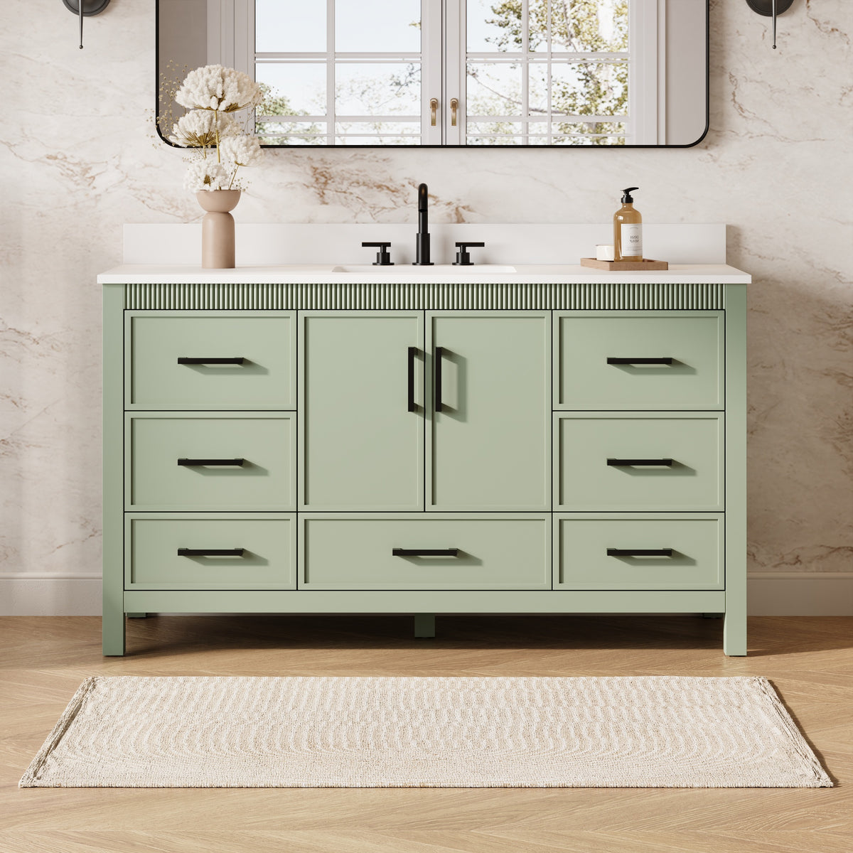 60 Inch Freestanding Solid Wood Bathroom Vanity with Pure White Quartz Countertop, 2 Soft-Close Doors & 7 Dovetail Drawers, SAGE GREEN