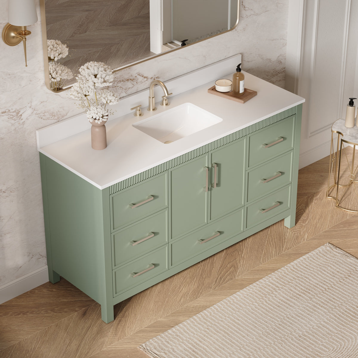 60 Inch Freestanding Solid Wood Bathroom Vanity with Pure White Quartz Countertop, 2 Soft-Close Doors & 7 Dovetail Drawers, SAGE GREEN