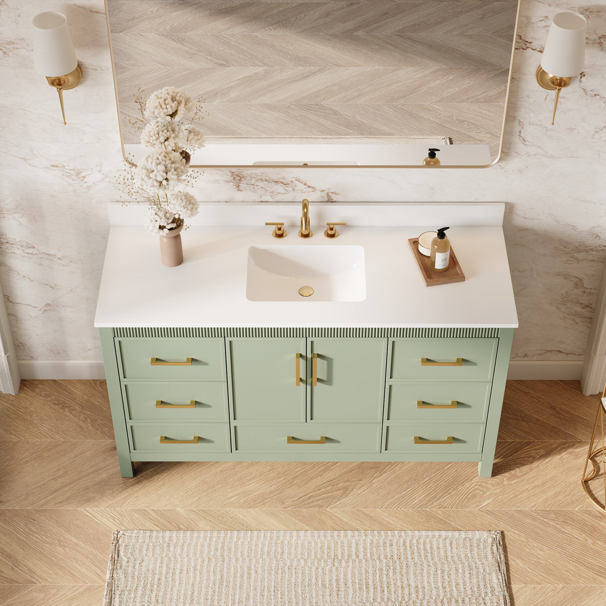 60 Inch Freestanding Solid Wood Bathroom Vanity with Pure White Quartz Countertop, 2 Soft-Close Doors & 7 Dovetail Drawers, SAGE GREEN