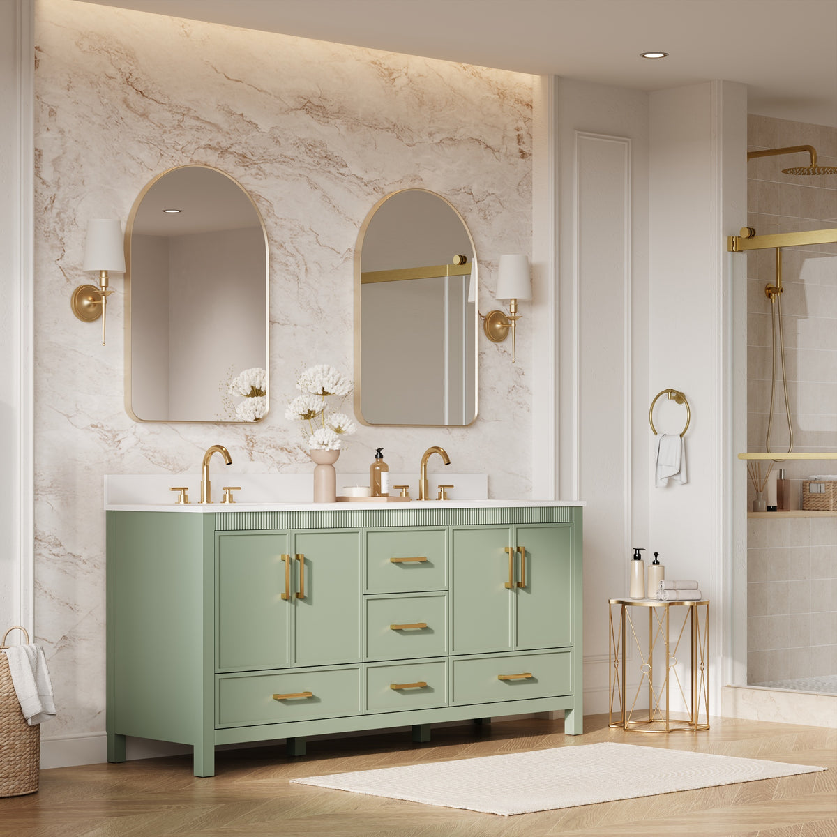 72 Inch Freestanding Solid Wood Bathroom Vanity with Pure White Quartz Countertop, 4 Soft-Close Doors & 5 Dovetail Drawers, SAGE GREEN