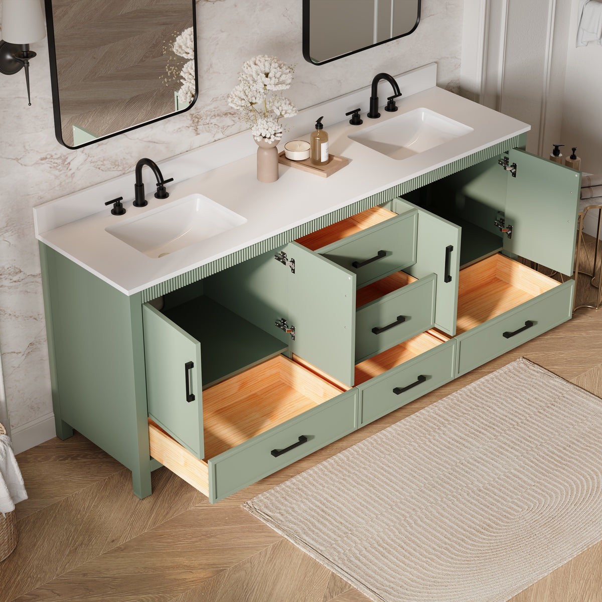 80 Inch Freestanding Solid Wood Bathroom Vanity with Pure White Quartz Countertop, 4 Soft-Close Doors & 5 Dovetail Drawers, SAGE GREEN